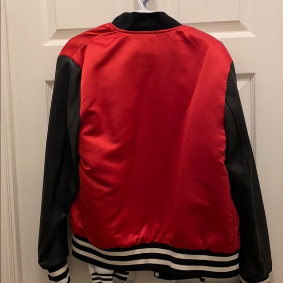 Red Satin Bomber Jacket, Leather Sleeves - Picture 2 of 3
